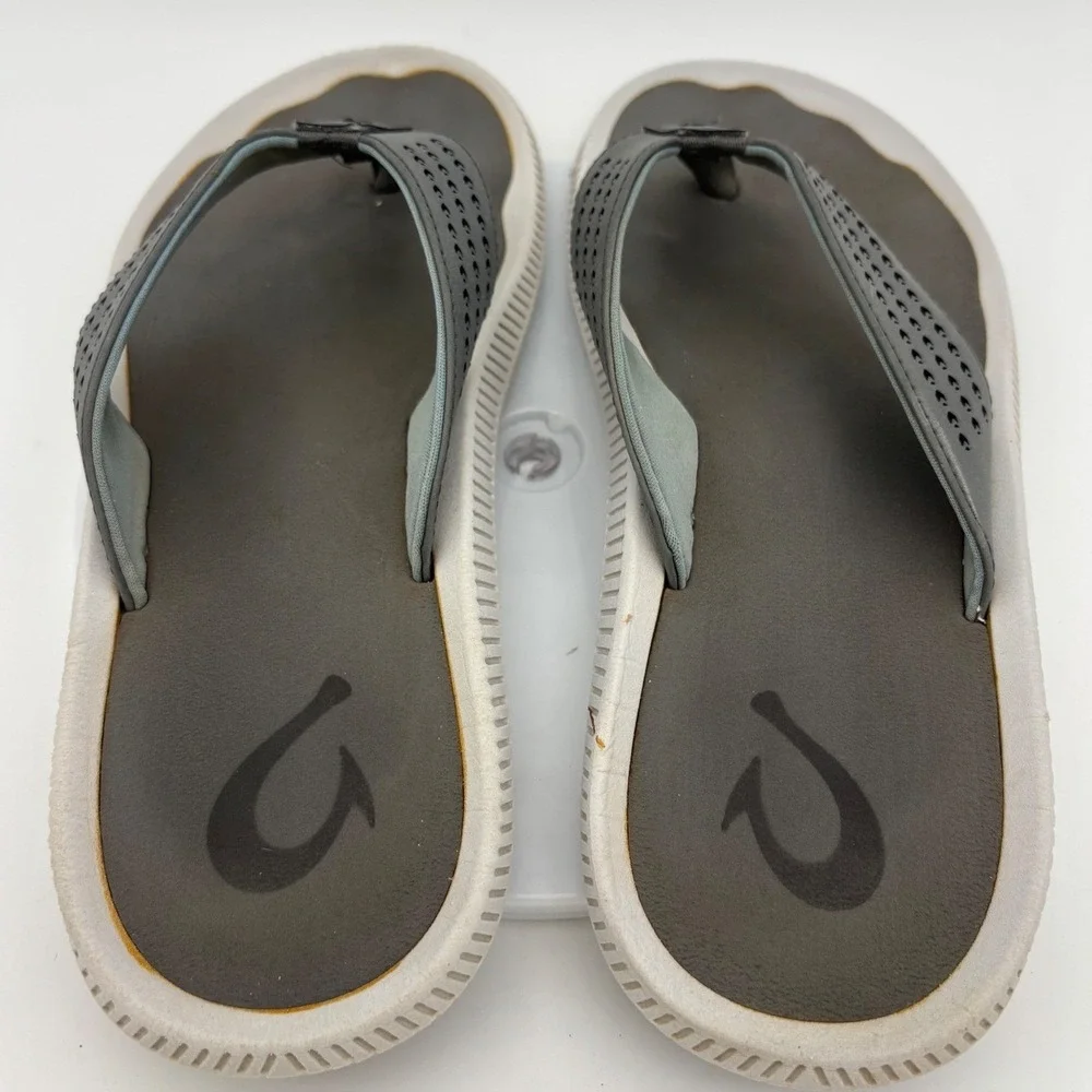 OLUKAI Ulele Mens Flip Flop Sandal Shoe Thong Gray White Grey Beach Stone 9